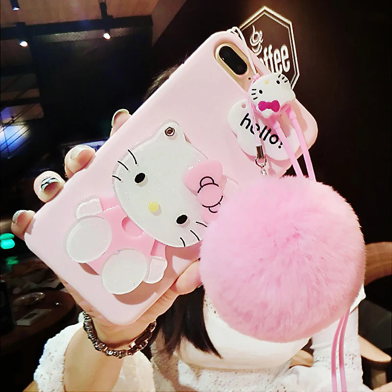 For iPhone 7 plus /X 8 6 6splus case pink Hello kitty For samsung galaxy s8 plus s6 s7 edge case cartoon cat mirror cover +rope