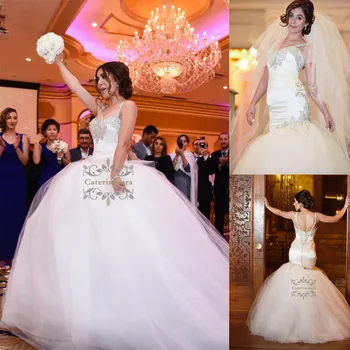 

Luxury Womens Wedding Dress Mermaid / Trumpet Cathedral / Royal Train Crystals Beadings Bride Gown Appliques Girls Fit and Flare