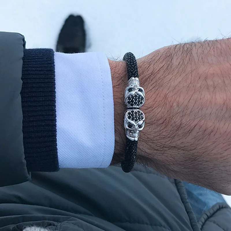 2020 Real Stingray Bracelet Luxury Men Silver Color Cz Skull Bracelet