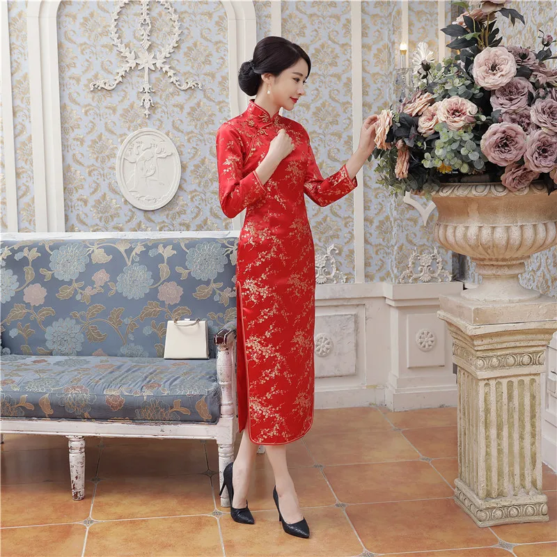 Шанхай история Китайская традиционная одежда китайский стиль платья Cheongsam с длинным рукавом красный Qipao для Для женщин