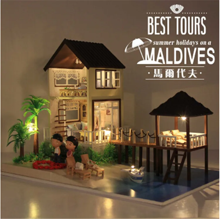 

New large Woodendoll house miniature Maldives Cabin with 3D LED light Music Furniture Handmade Toys Gits girls birthday gift
