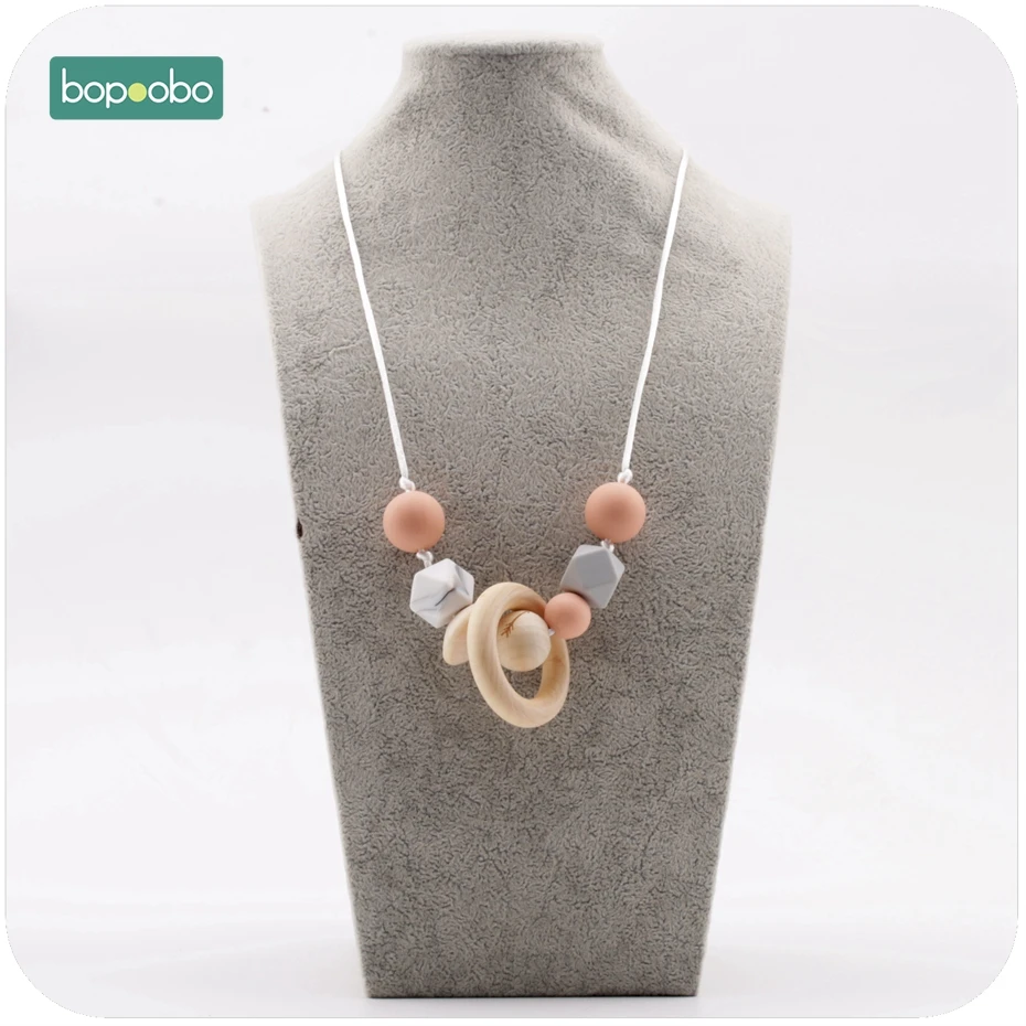 

Bopoobo 1PC Simple Fashion Toddler Nursing Necklace NeHexagon Silicone & Wooden Ring Infant Teething Toys Baby Teether