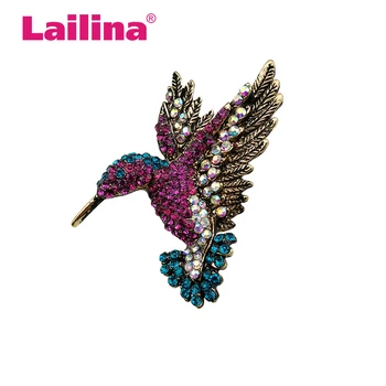 

10pcs/lot Antique Gold Tone Crystal Bird Rhinestone Hummingbird Brooch Pin