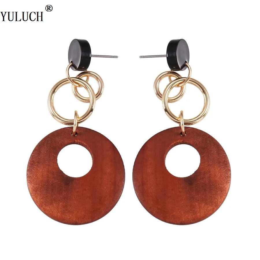 

YULUCH New Design Two Colors Natural Wooden Stud Earrings Hollow Round Metal Black Stud Earrings For Trendy Woman Girls Jewelry