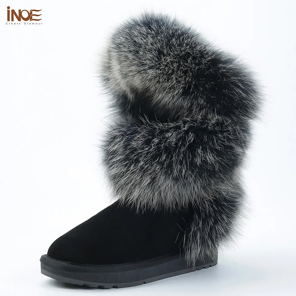 INOE Luxurious Fashion Real Soft Arctic Fox Fur Winter Snow Boots for Women Knee High Keep Warm Shoes Cow Suede Leather Black 1