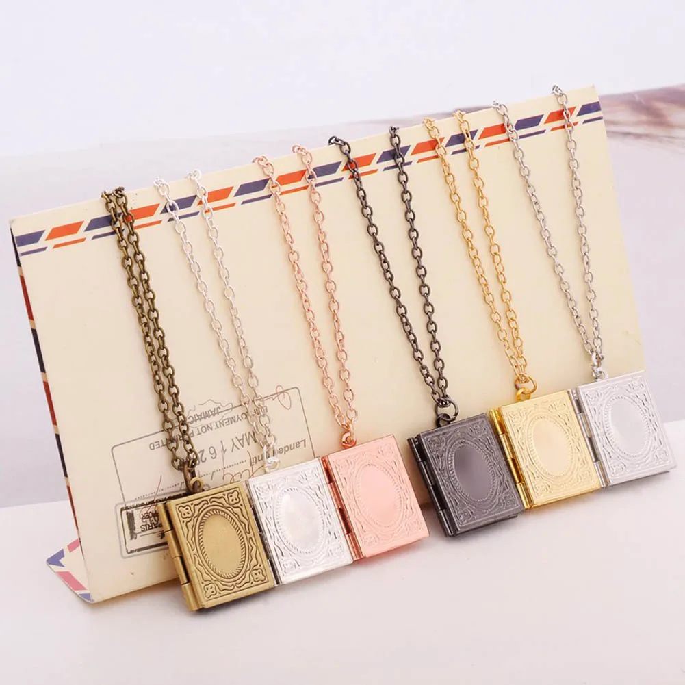 

1pc Fashion Carved Vintage Style Delicate Imitation Book Locket Necklace Secret Hiding Place Photo Locket Necklace Photos Box