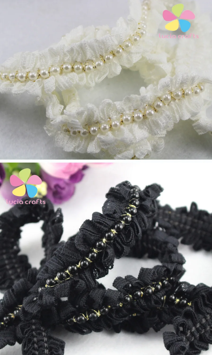 Buy 1.5cm White/Black Ruffled Lace Beading Trim Crafts