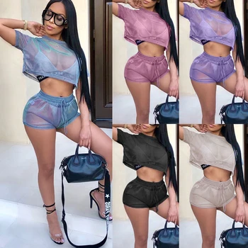 

New Sexy Women 2 Pieces Sets Solid Short Top Solid Shorts Sets Short Sleeve O-Neck Casual Women Top Streetwear