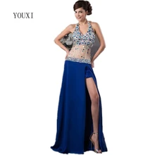 Azul Royal Sexy Halter Vestido 2017 Ver Através Formal Prom Vestidos de Noite Vestido De Festa