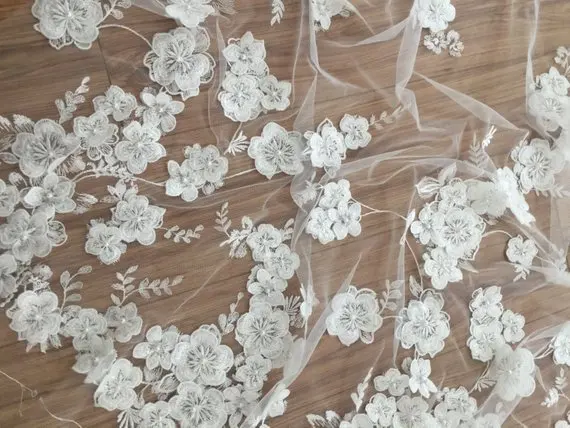 

1 Yard Off White 3D Blossom Pearl Beaded Lace Fabrc Sequin French Tulle Embroidered lace, Wedding Bridal Gown 140cm wide