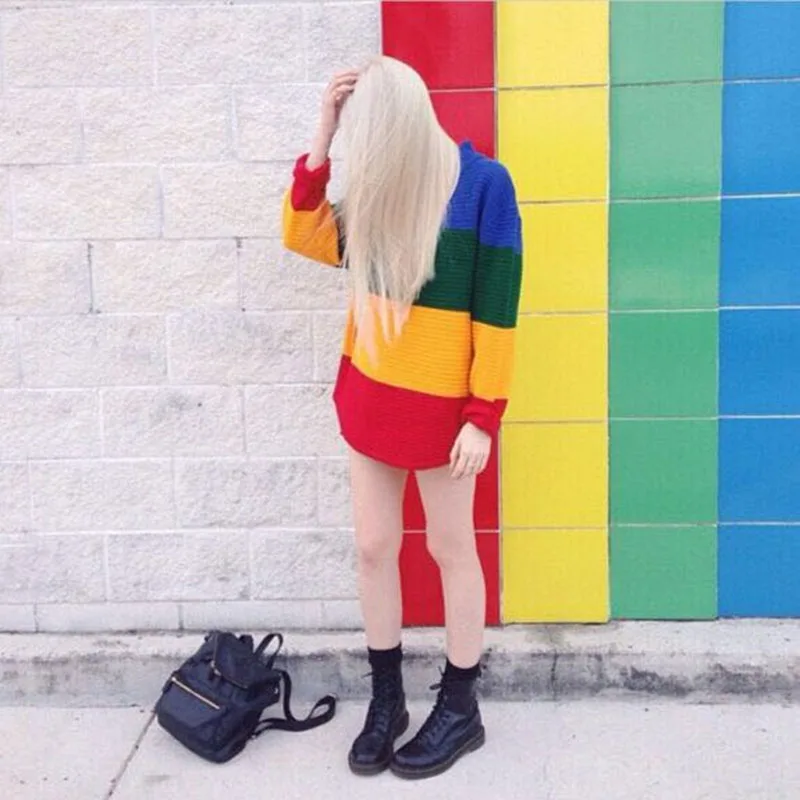 

2019 New Fashion Womens Rainbow Sweater Vintage Jumper Stripe Knitted Pullover Loose Long Sleeve Casual Turtleneck Full Length