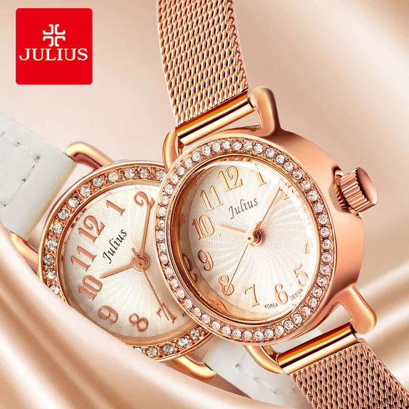

JULIUS 1/Pce Rose Gold Wrist Watch Women Black Leather Strap Watch Get 1 pcs Free Mesh Strap Elegant Rhinestone Dress Watches C1