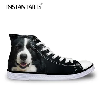 

INSTANTARTS Vulcanize Shoes Women Casual Flats Shoes Cute Pet Dog Print Lace Up High Top Canvas Shoes Border Collie Sneakers