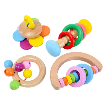 

4pcs/Set Grasp Play Game Teething Infant Early Musical Educational Toy Baby Gift Color Wooden Baby Rattle