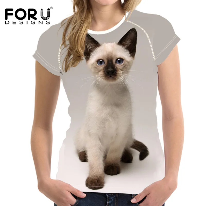 

FORUDESIGNS 3D Siamese Cat Pattern Women Short Sleeve T Shirt Casual Female Fitness Tee Shirts Fashion O-neck Tops Clothes Lady