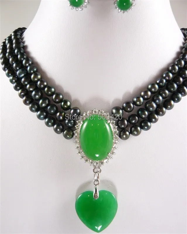 

Wholesale jewe203>>3Strands 7-8mm Black Akoya Culutred Pearl Pearl &Emerald Necklace Earring