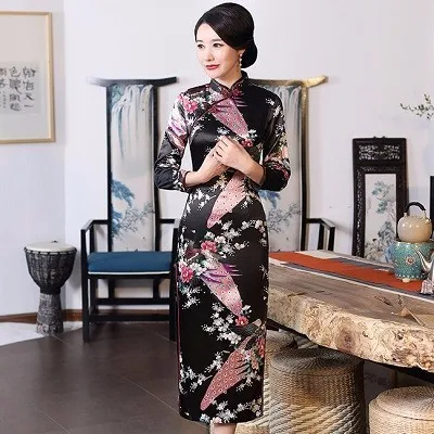 SHENG COCO китайское традиционное платье Cheongsam Qipao с длинным рукавом женское темно-синее длинное вечернее Ципао Drees размера плюс 6XL - Цвет: Black-A