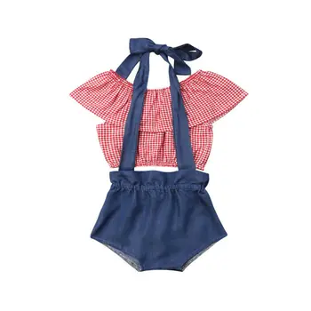 激安 Pudcoco 2019 夏の子供服新生児幼児ガールチェック柄クロップトップスデニムショーツオーバーオールよだれかけパンツカジュアル衣装サンスーツ