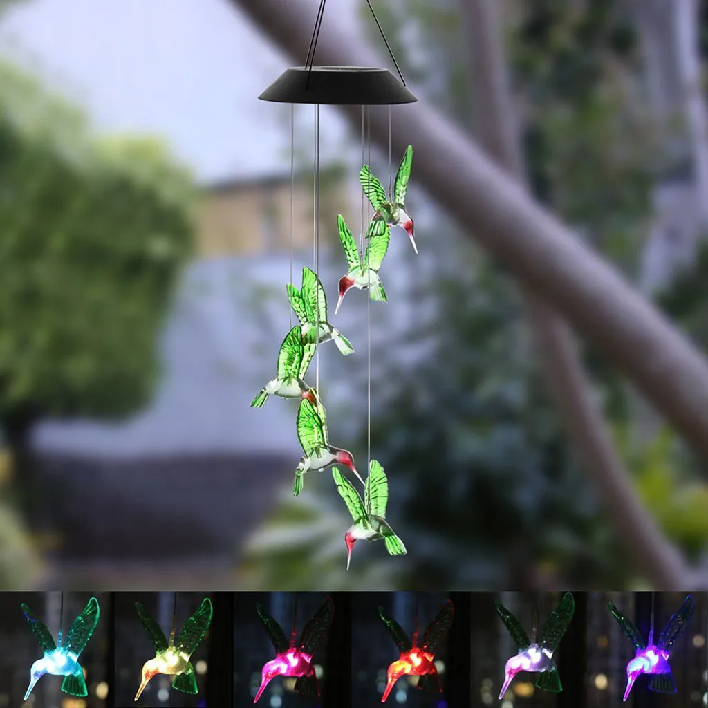 

Green Hummingbird Wind Chimes Creative Color Changing LED Solar Wind Chime Hummingbird Gardening Lighting Hanging Decoration