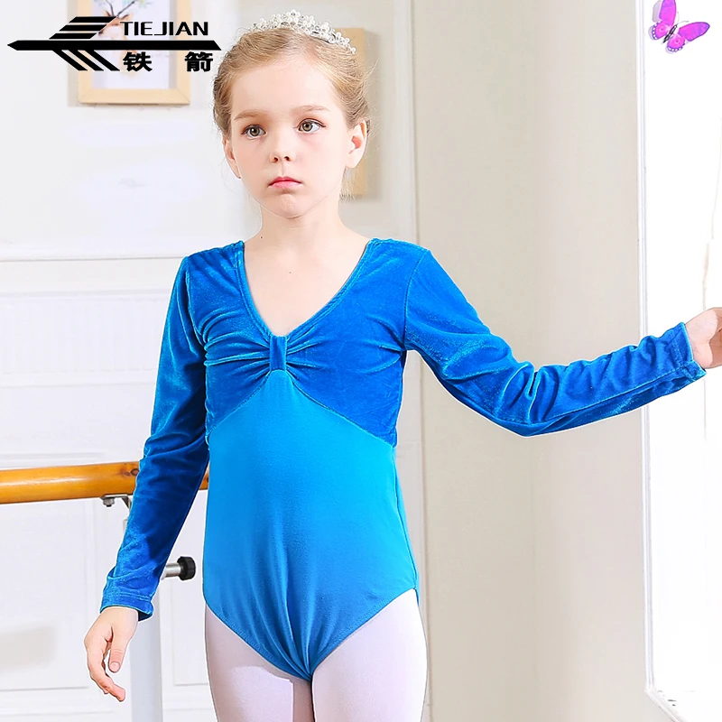 TIEJIAN Girls Dance Leotards Gold Velvet Long Sleeve Dancewear Children