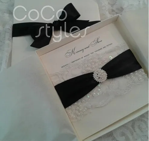  Cocostyles personalized royal lace fabric design invitation card with pearl brooch and ribbon for c - 32893863044