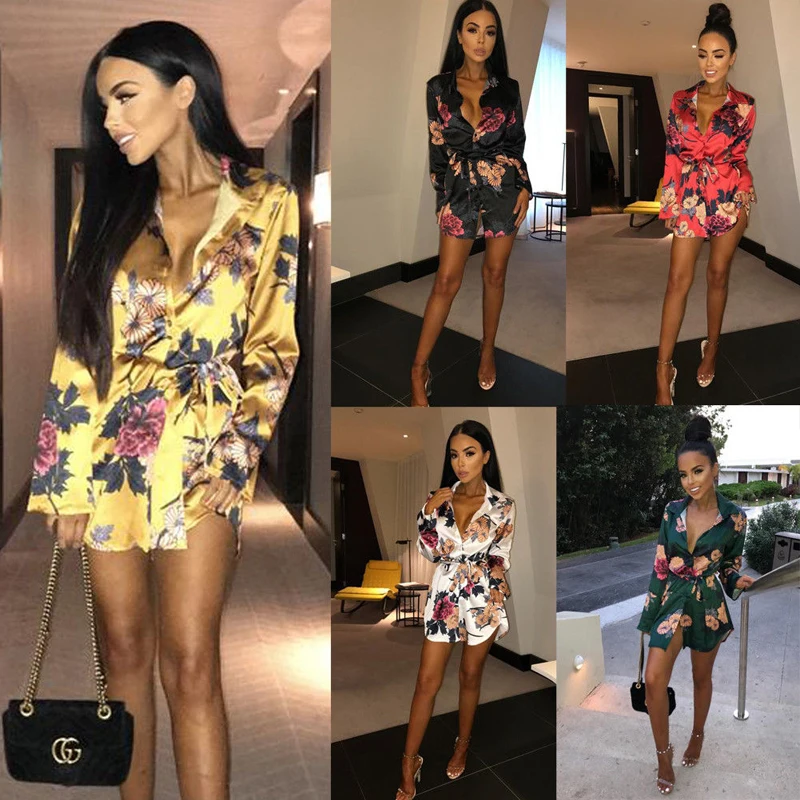 

2018 Newly Summer Fashion Causal Women Dress 5 Style Long Sleeve Turn-Down Collar Floral Print Sashes High Waist Mini Dress