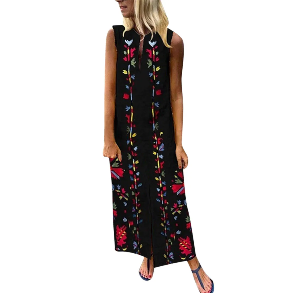 

Summer Plus Size S-5XL Split Linen Dress Oversized Women Sexy Sleeveless Loose Vintage Floral Dress Holiday Beach Freeship N4