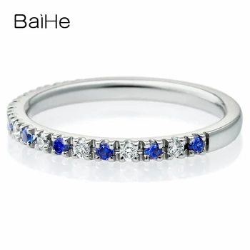 

BAIHE Solid 14k White Gold 0.10ct H/SI Round Natural Diamonds Sapphires Fine Jewelry Wedding Band Gift Women Ring Men Ring