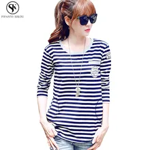 Весна полосы Вышивка Карманы футболка с длинным рукавом женские свободные большие размеры корейский стиль модные повседневные топы футболка из чистого хлопка LGP345