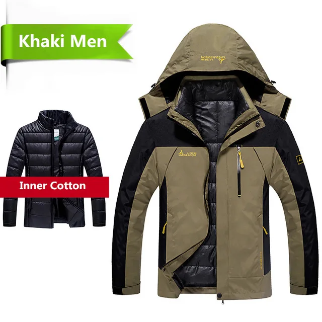 Зимняя Теплая мужская куртка 2 в 1, утолщенная теплая парка, пальто, верхняя одежда, пуховая ветровка, теплая водонепроницаемая куртка с капюшоном размера плюс 6XL - Цвет: Khaki