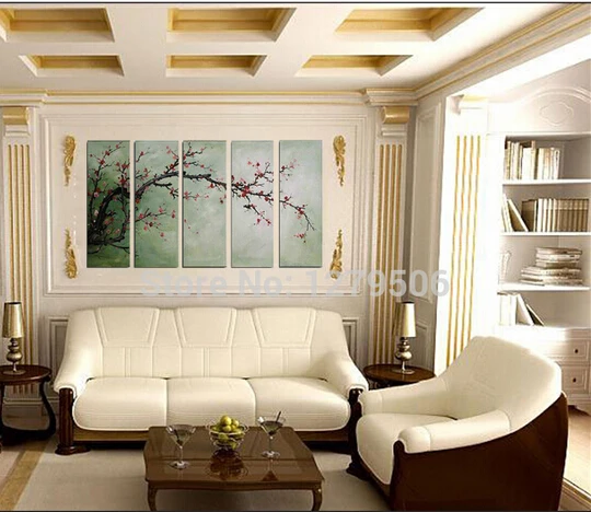 Hand Painted Landscape 5 Panels Oil Painting Canvas Wall Decor Red Wintersweet Living Room Decoration Gift | Дом и сад