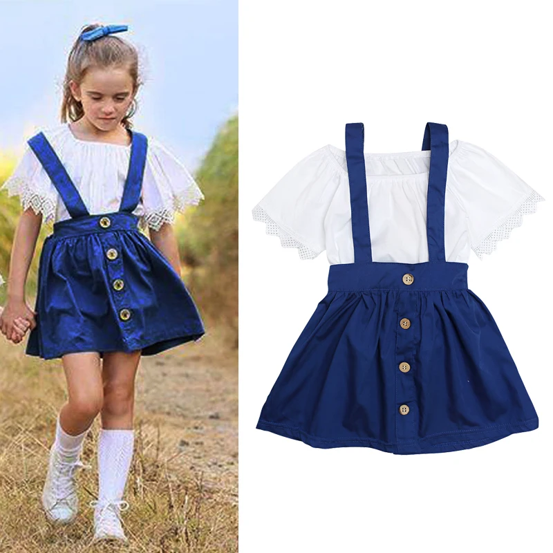 

Toddler Girls Dress Autumn and Winter Children Girls Short Sleeve Shirts+Blue Strap Dress Kids Dresses For Girls Princess Dress