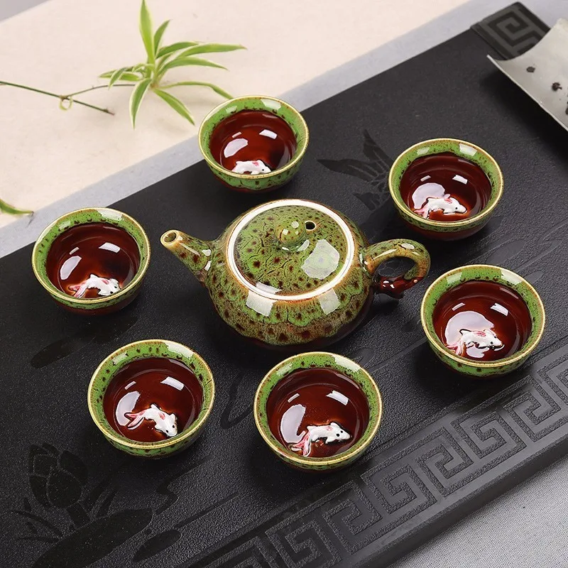 Китайский чайный набор кунг-фу включает в себя 6 чашек 1 чайный горшок фарфоровый набор чайных чашек Celadon рыба чайная чашка набор чайная посуда Улун чайный набор кунг-фу - Цвет: green