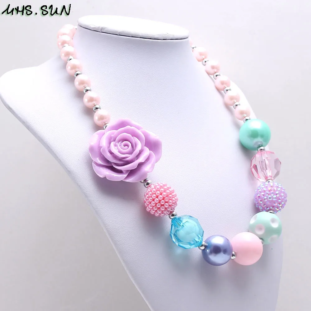 BN620 (14) Rose Flower Girls Beads Necklace Fashion Kids Chunky Necklace Colorful Child Baby Choker Necklace Handmade Charm Jewelry