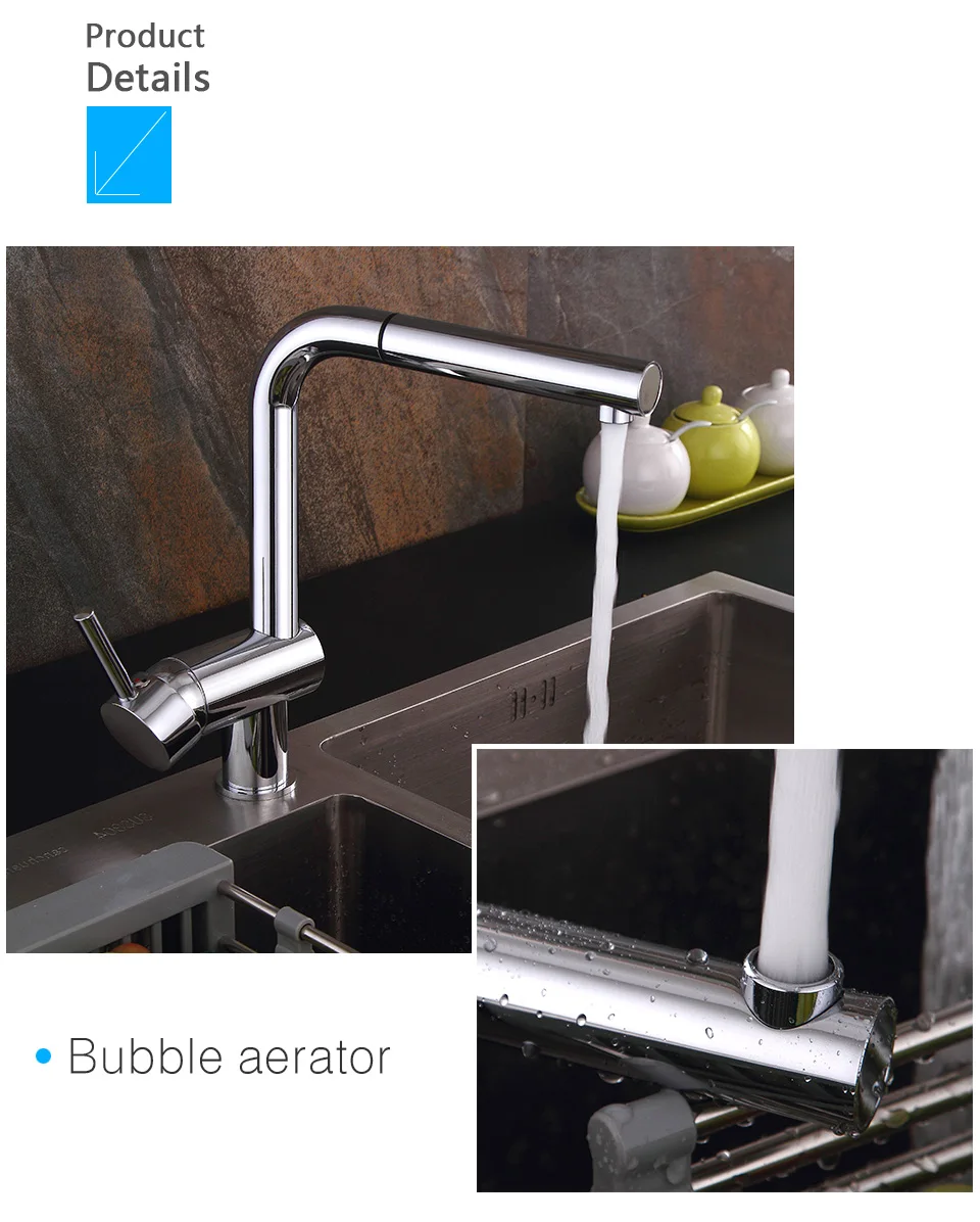 ROVATE Sink Taps Kitchen Faucet Pull out Spout Brass Chrome Single Hole Mounted Cold and Hot Mixer Rotatable Faucet