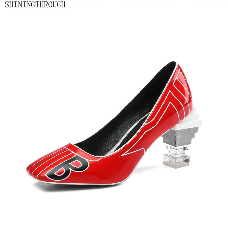 

New transparent strange high heels women pumps red blue patent leather print square toe ladies party dress shoe