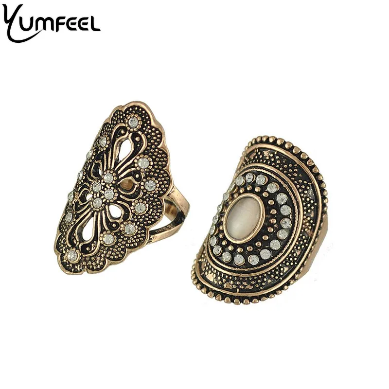 Yumfeel New Vintage Boho Jewelry Rings Metal with Antique Plated Crystal Ring Set for Women