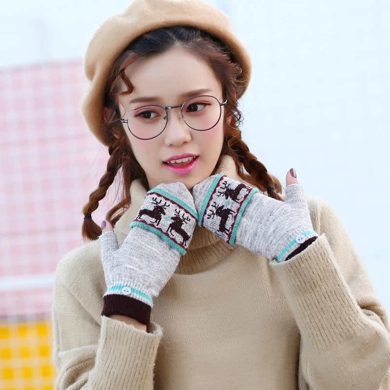 Модные зимние женские акриловые перчатки без пальцев многофункциональные милые теплые рукавички пэчворк подарок для студентов подруги - Цвет: G43 light coffee