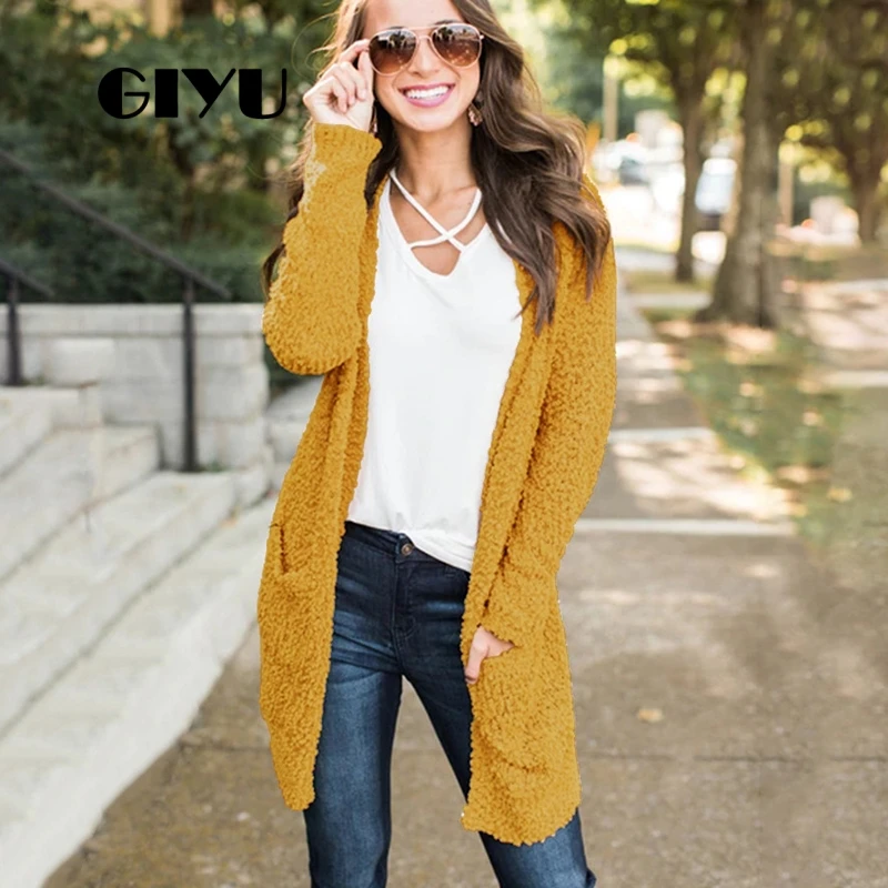 

GIYU Plush Autumn Winter Knitted Sweater with Pockets Long Sleeve Casual Loose Sweaters Female Cardigan sueter mujer invierno