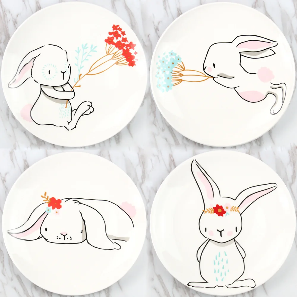 

4Pcs Lot Cartoon Cute Rabbit Bunny Disc Porcelain Service Breakfast Dessert Bread Butter Dinner Plate Set Beefsteak Dish Tray
