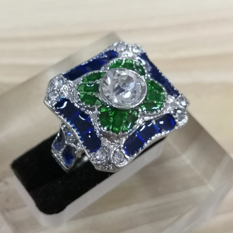 Vintage Stone Rings for Women Wedding Ring Gift Silver Color Rings Green Luxury Jewelry Bague Femme Girl anel zirconia Z3Q583