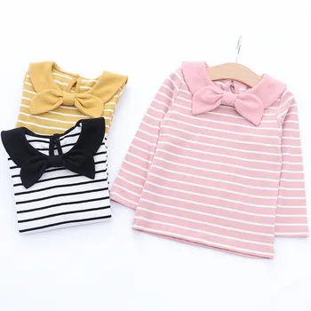 

2019 Fashion Long Sleeve Infant Girls Top Striped T-shirt Toddler Baby Kids Cute Bow Collar Tshirt Casual Spring&autumn Clothes