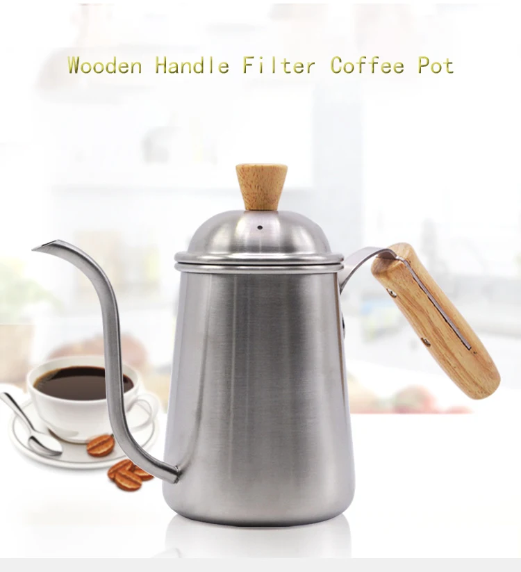 

650ML Wooden Handle Filter Coffee Pot Coffee Percolators Stainless Steel Long Mouth Thin Mouth Pot New Drip Pot Kitchen Bar