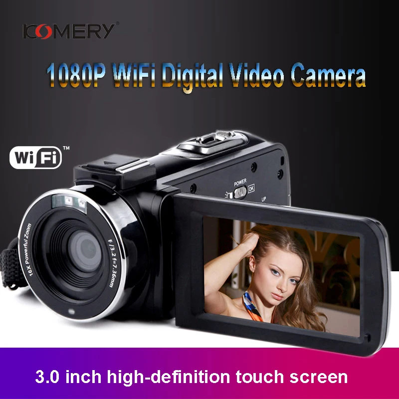 KOMERY видеокамера 1080 P Full HD Портативная Цифровая видеокамера 16X цифровой зум 3,0 дюймов Сенсорная ЖК-видеокамера с экраном с Wifi