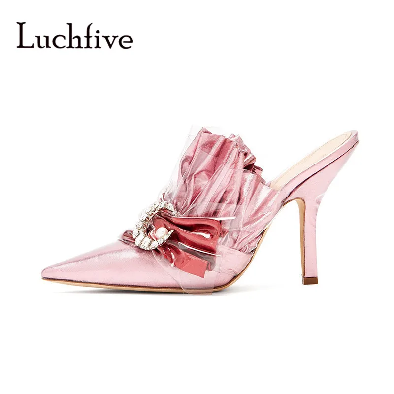 

Pleated Ruffels Sandals Women 2019 Clear PVC Covered Crystal Buckle Charms Summer Formal Dress Mules Shoes Candy Color Gladiator