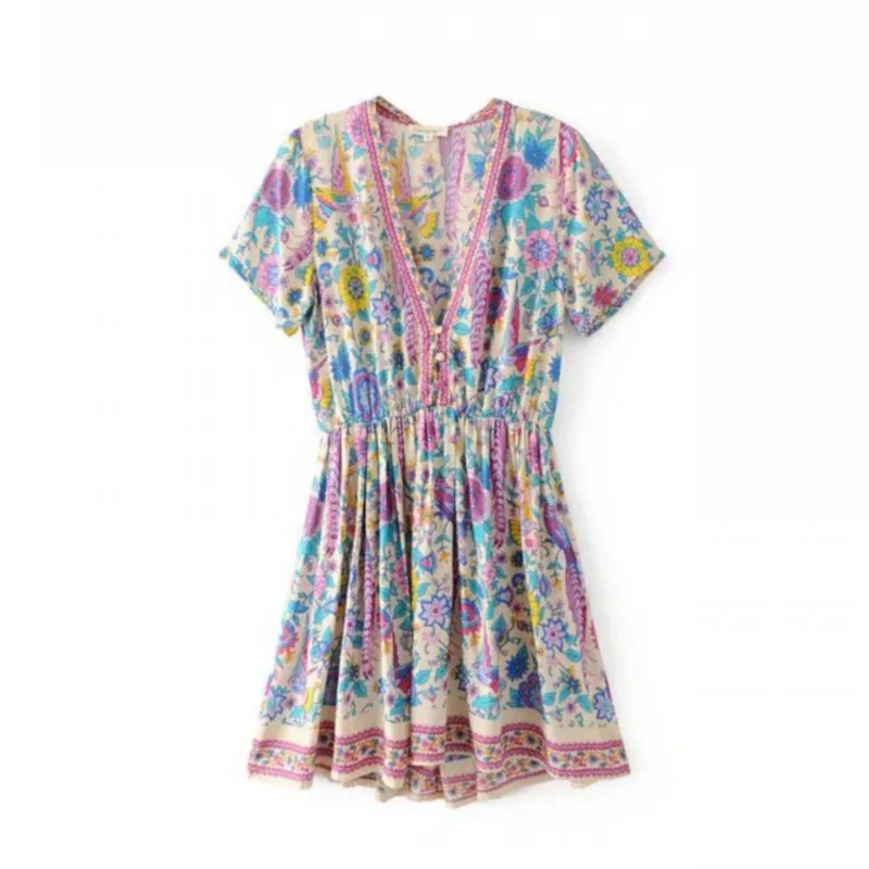 

Women Bird & Floral print Fashion Boho Beach Mini Short dress Summer V neck short sleeve dresses Femme vestidos #Z503