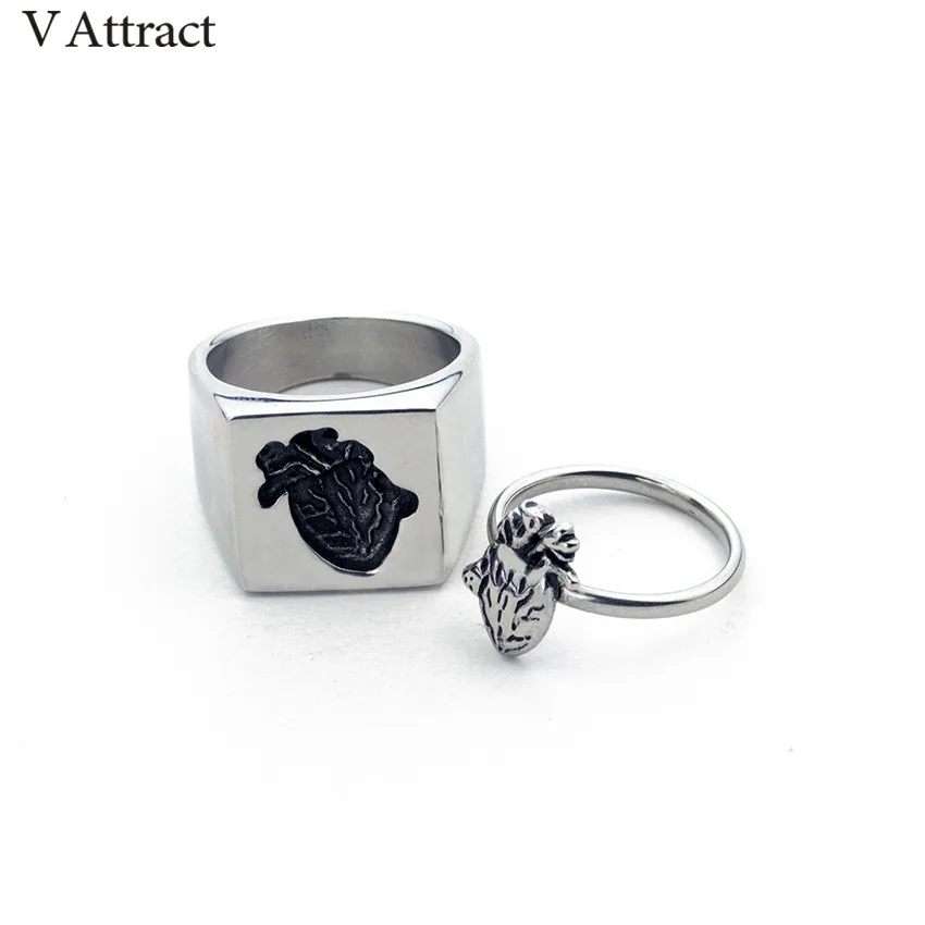 

V Attract 2piece/set Matching Human Heart Rings On Rectangle Women Men Jewelry Punk Titanium Steel Ring Couple Wedding Gift