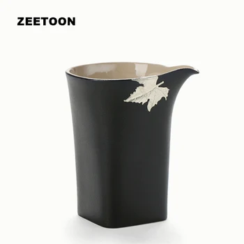 

Black Zen Boutique Handmade Inlaid Tin Maple Leaves Coarse Pottery Fair Mug Kung Fu Tea set Fair Cup Teacup Creative Home Decor
