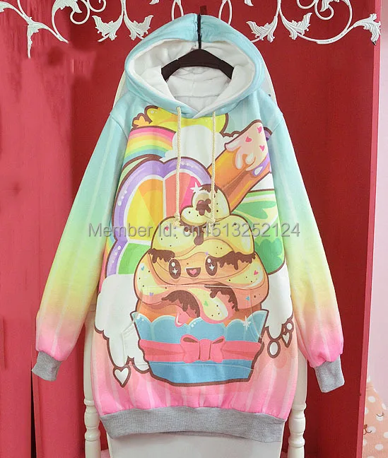 

Cute Winter Womens Lolita Cherry rabbit Kawaii Loose Hoodie Cake Harajuku Long Sleeve Top Tee Loose Colorful Fairy Kai