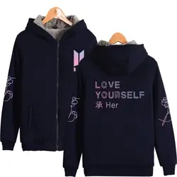 Harajuku BTS LOVE YOURSELF на молнии толстые толстовки Толстовка зима негабаритных для женщин/для мужчин повседневное теплая одежда 4XL